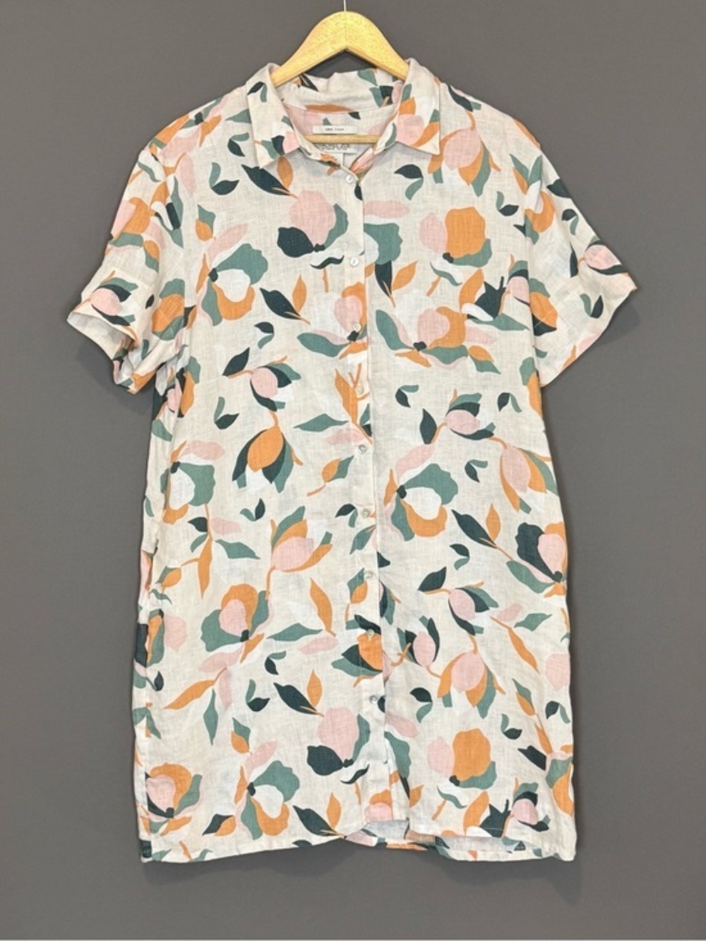 Rachel Zoe 100% Linen Floral Button Front Shirt Dress Large Coastal